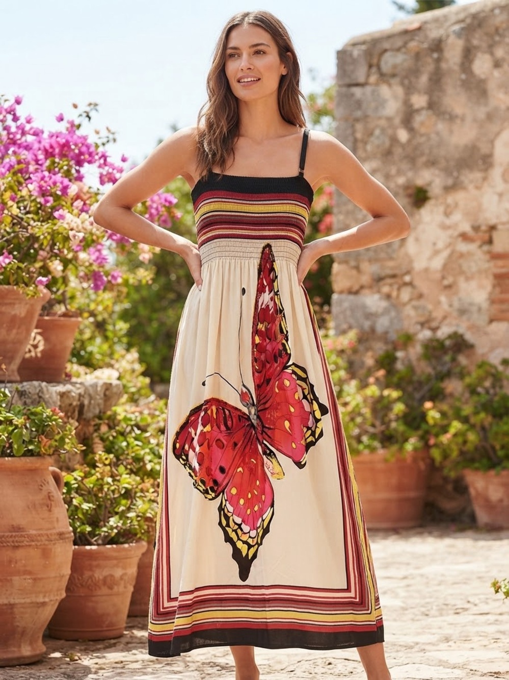 Sleeveless Cream Maxi Dress with Red Butterfly Print